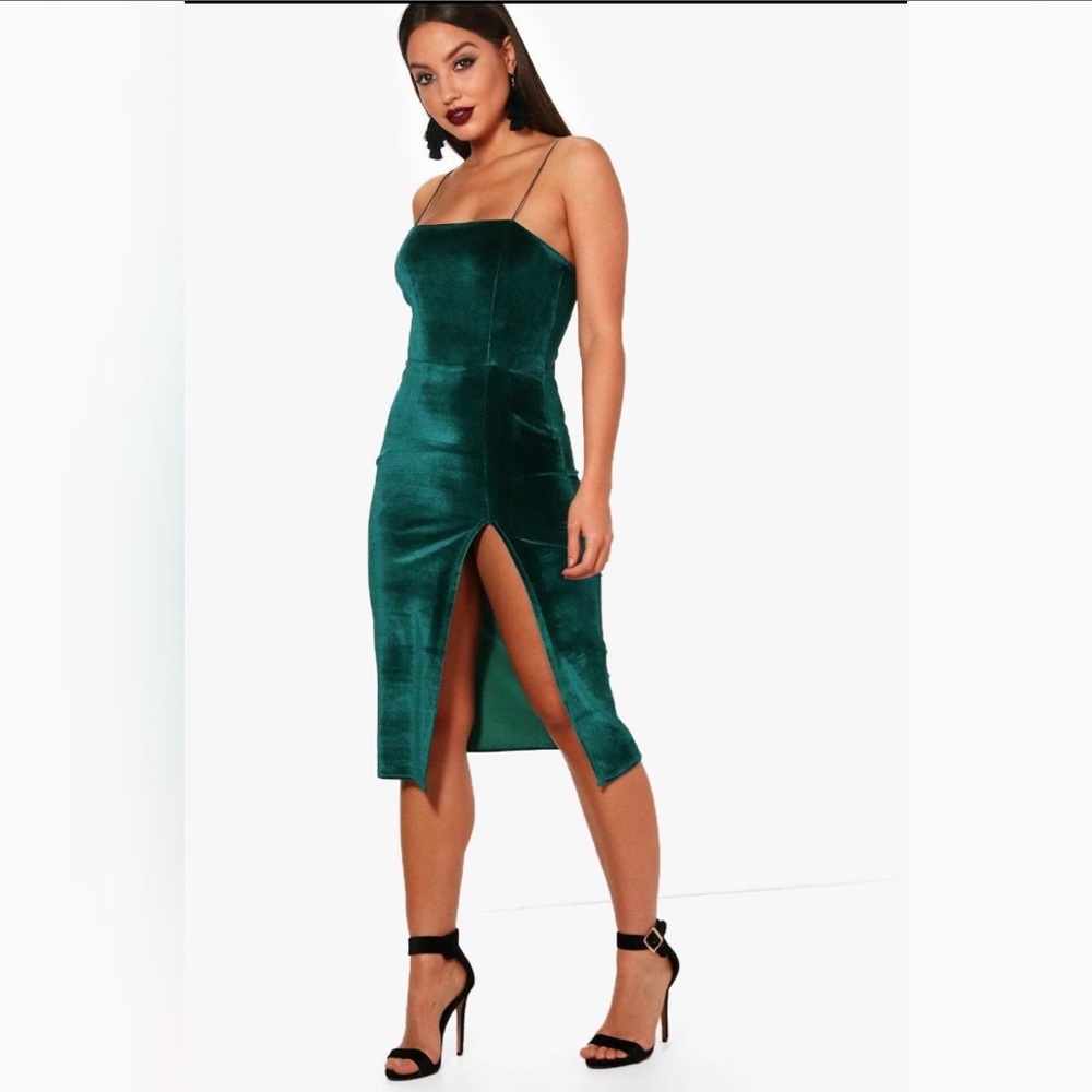 Boohoo Square Neck Side split Midi Velvet Dress